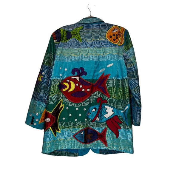 Sandy Starkman Blazer Women's Medium Button Up Long Sleeve Embroidered Fish Blue - Picture 2 of 8